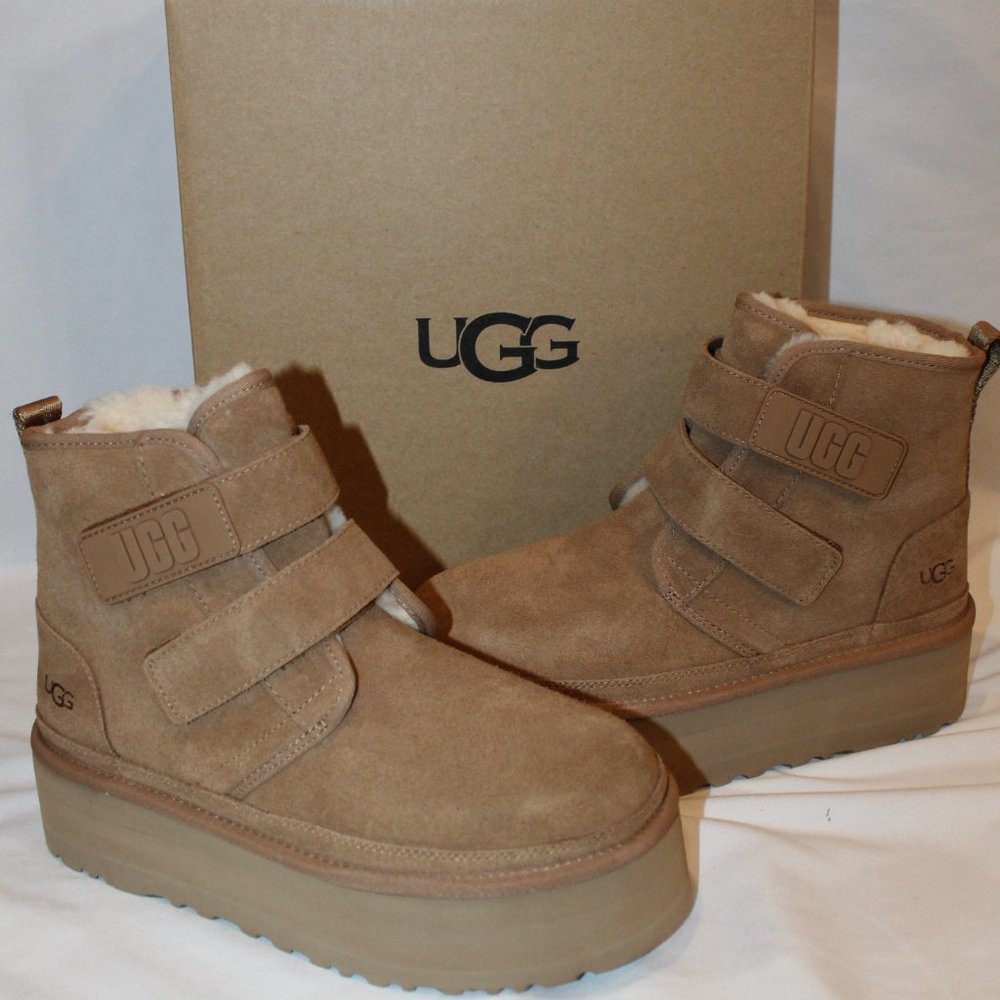 NIB UGG WOMEN'S NEUMEL PLATFORM CHESTNUT VELCRO SUEDE SHEARLING LINED BOOTS